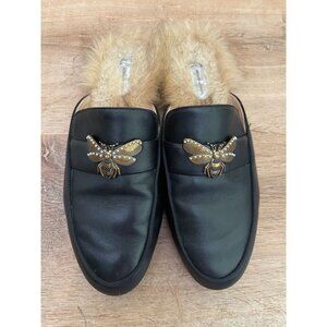 EUC I.N.C Black Leather & Faux Fur Bee Loafers